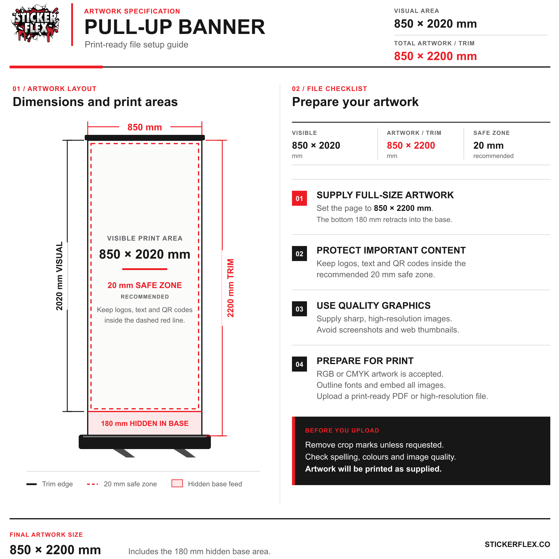 A printed specification and checklist guide for a pull-up banner, showing dimensions, print areas, visible area, hidden base area, and preparation steps. The layout includes a banner mockup, measurement callouts, and a checklist on a white background with black and red text.